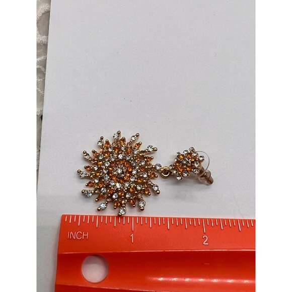 Pierced Earrings 2" Long Fiery Sun Burst and Gold Plated Stunning Earrings - Picture 10 of 10